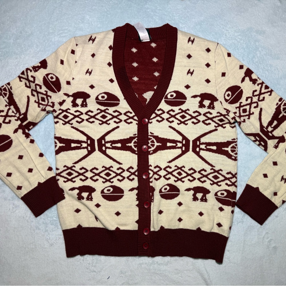 Star Wars Womens Death Star Cardigan Sweater size Large Cream Red